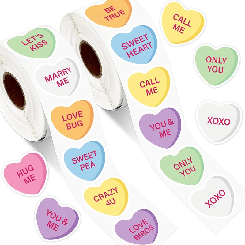 Whaline 1400Pcs Valentine Candy Hearts Stickers Conversation Hearts Stickers Colorful Love Hearts Stickers Assorted Adhesive Labels for Valentines Cards Envelopes DIY Craft Gift Decor - Image 1